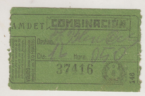 Antiguo Boleto Amdet Combinacion Color Verde Transporte Raro