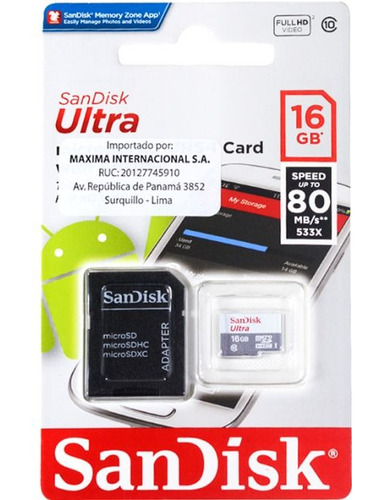 Memoria Micro Sd 16gb Sandisk Clase10 80mb/s C/adp Original 