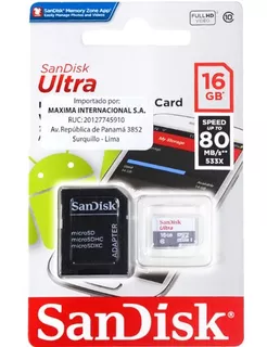 Memoria Micro Sd 16gb Sandisk Clase10 80mb/s C/adp Original