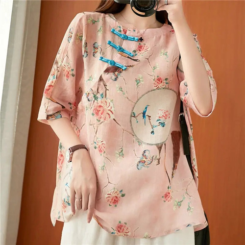 Camisa Hanfu Con Estampado De Flores Para Mujer, Tanga