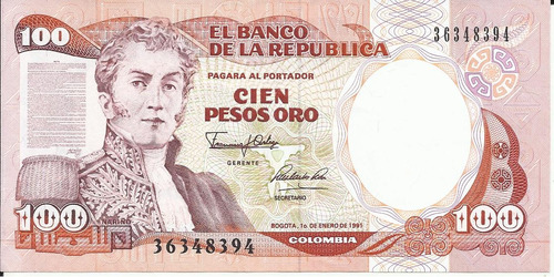 Colombia  100 Pesos Oro 1 De Enero 1991