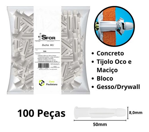 Kit 100 Buchas Mu 8mm Tijolo Oco Parede Bloco Gesso Drywall