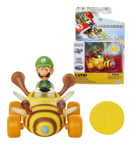 Luigi Con Vehiculo Pull Back Y Moneda Original Mario Kart