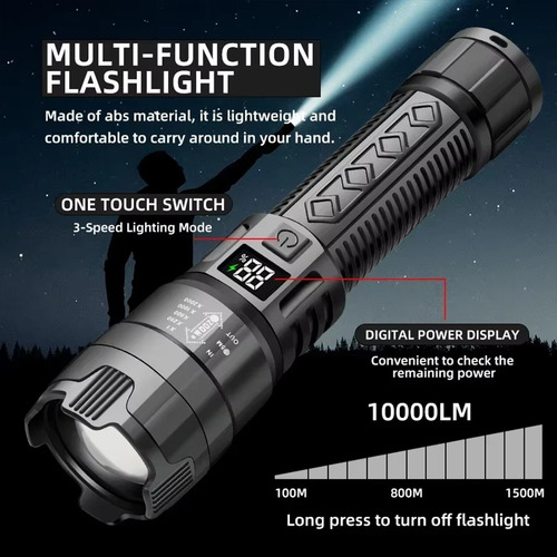 Lanterna Led De Alta Potência 2000lm, Bateria Embutida, Zoom