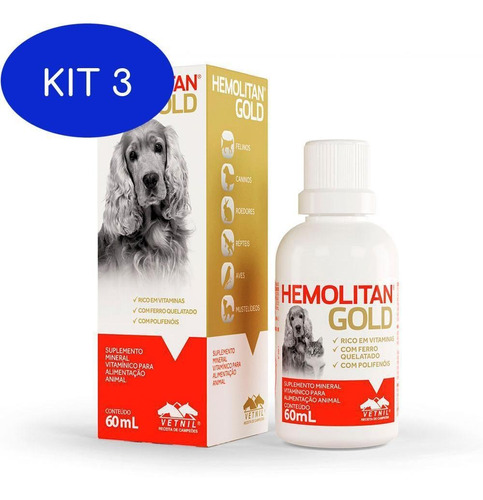 Kit 3 Suplemento Vitamínico Hemolitan Gold 60ml - Vetnil