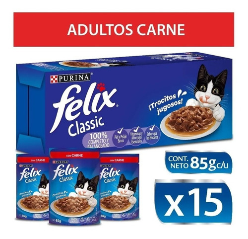 Purina® Felix® Alimento Húmedo Carne 85 Gr X 15 Unidades