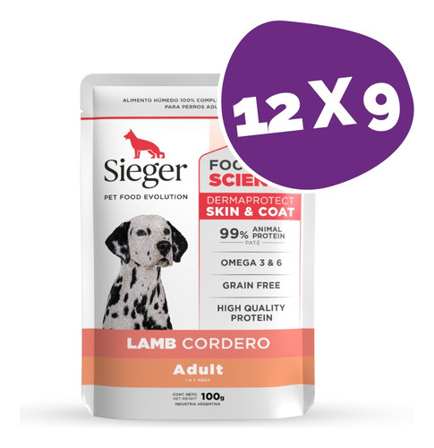 Pouch Sieger Perro Dermaprotect Cordero 100g Pack X 12