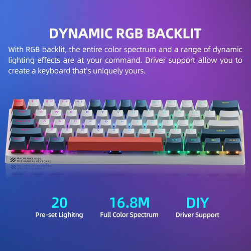 Mini Teclado Mecânico Machenike K500 Branco Formato 60% com Fio Switch Aula Brown