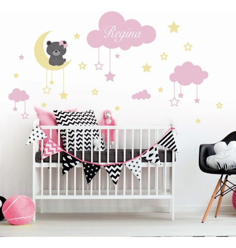 Vinilo Decorativo Oso, Nubes, Estrellas Rosa Incluye Nombre Sí