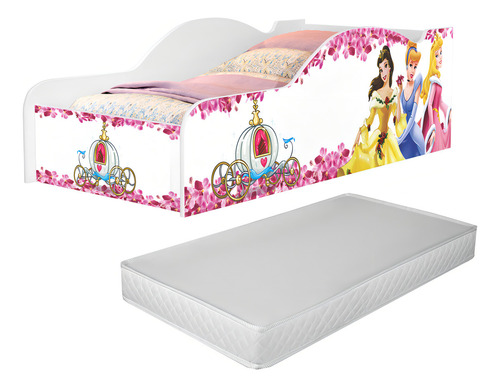 Cama Carro Infantil Meninas Princesas Docel Berço Criança Princess Castelo Cor Branco/rosa Com Colchão Neloja