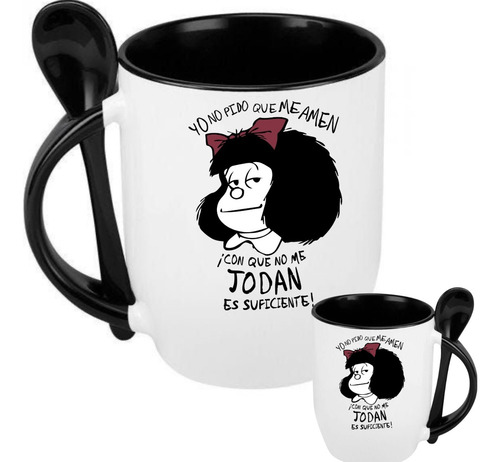 Taza Con Cuchara Frases Mafalda Colección Regalo Premium Negro Yo No Pido