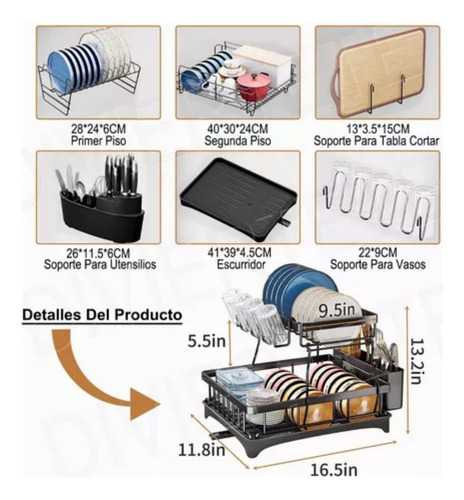 Escurridor de Platos de 2 Niveles con Bandeja Drenaje 360°, Escurreplatos de Acero Inoxidable para Cocina, Organizador Moderno para Platos, Tazas, Cubiertos y Vajilla, Soporte Compacto y Funcional