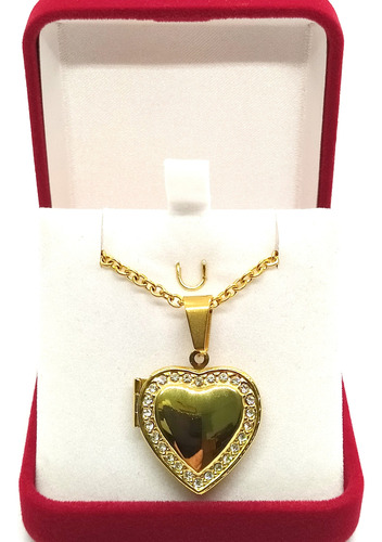 Collar Relicario Locket Portafoto Acero Corazón Baño Oro