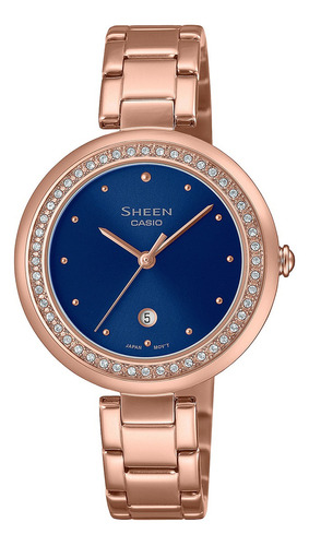 Reloj Mujer Casio She-4556pg-2audf Sheen Correa Rosa Bisel Rosa Fondo Azul