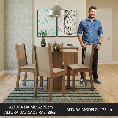 Mesa de comedor Madesa Aline con tapa de cristal, 4 sillas, color rústico, crema y perla