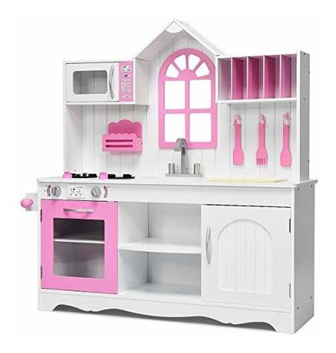 Cocina De Juguete - Giantex Wood Play Kitchen, Pink Kids Kit