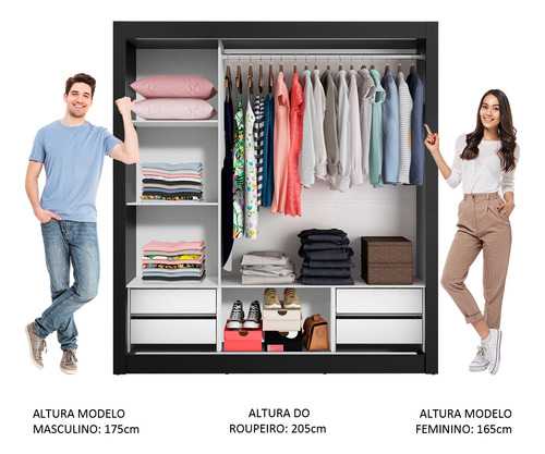 Guarda Roupa Madesa Lyon Plus 3 Portas Espelho 4 Gavetas Cor Preto 10938N1E4G