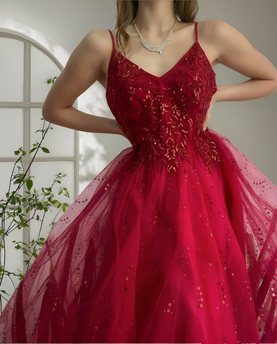 Vestido Largo Con Capas De Tul Princesa Rojo Moda Pasión