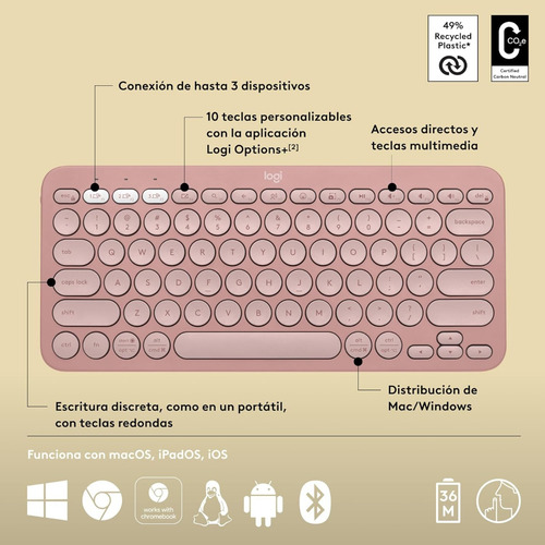 Teclado Logitech Pebble 2 K380s Bluetooth Rosado Español