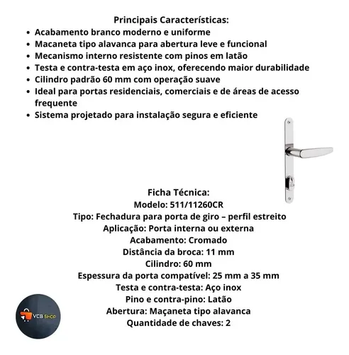 Fechadura 511/11260cr Estreito Macaneta Alavanca Cromado 3f
