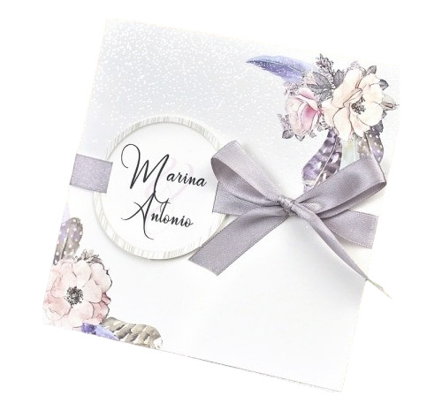 Tarjetas Invitación Floral Lila Flores Plumas Moradas Boda