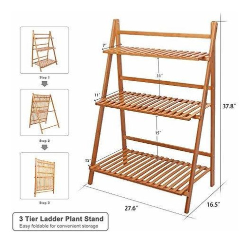 Imagen 3 de 6 de Ufine Bambú Escalera Planta Soporte Plegable De 3 Gradas Tie