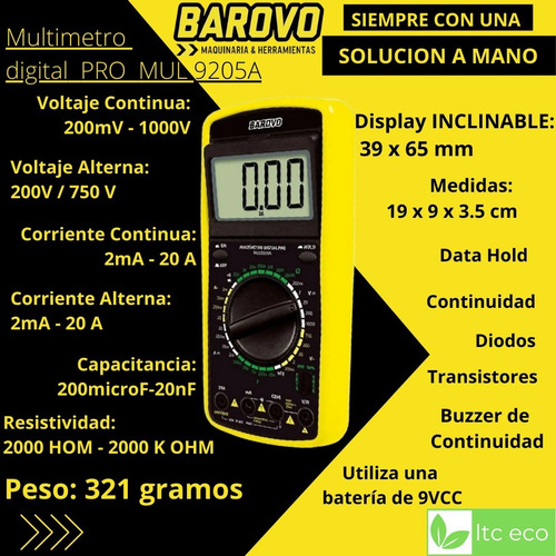 Imagen 2 de 10 de Tester Multimetro Digital Barovo Pro Amperimetro 20 A 1000 V