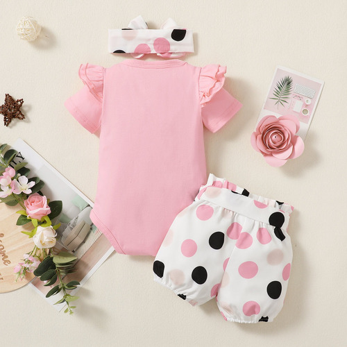 Conjunto Adorable Con Shorts De Lunares Y Diadema Con Moño Rosa 9-12 M