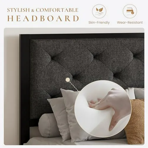 Cama King Size Metal Con Cabecera Tapizada Y Almacenaje, Gri