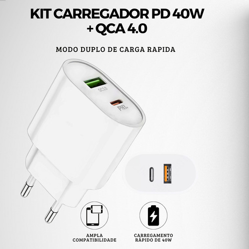 Kit Fonte Carregador Turbo 40w E Cabo Usb Tipo C Para iPhone