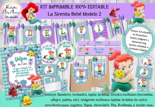 Kit Imprimible Candy Bar La Sirenita Bebe 2 100% Editable