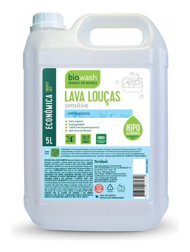 Kit 2 Detergente Lava Louças Sensitive Biowash 5l