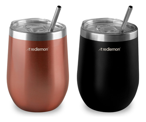 Redlemon Vaso Térmico y Termos para Café (2 piezas), Copas de Vino y Cerveza de Acero Inoxidable con Tapa Hermética, Vaso con Popote y Taza para Bebidas Calientes 3 Horas y Frías 4 Horas (350 ml)