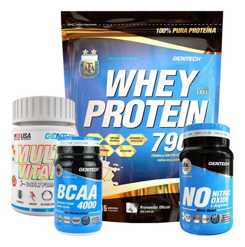 Whey Protein 1 Kg Gentech + Amino Bcaa 4000 + Oxido Nitrico Arginina + Vitaminas Y Minerales