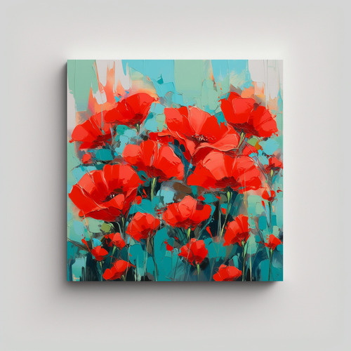 50x50cm Cuadro Abstracto Exposición Rojo Y Turquesa Flores