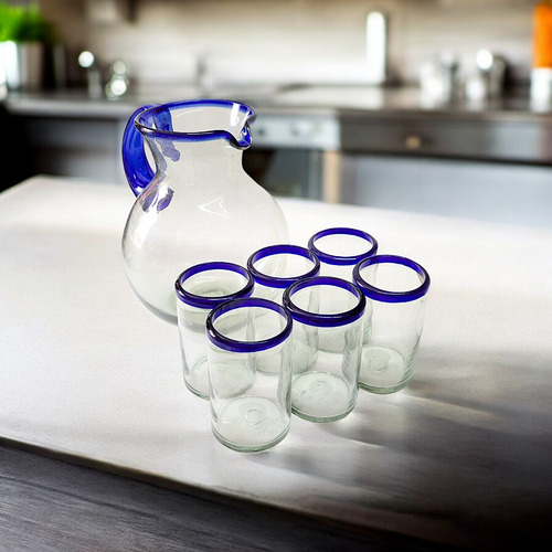 Set Jarra Y Vasos De Vidrio Artesanal Alta Calidad Azul