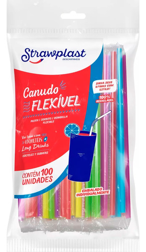 Canudo Colorido Flexivel Strawplast Para Drinks 100 Unidades Cor Variadas