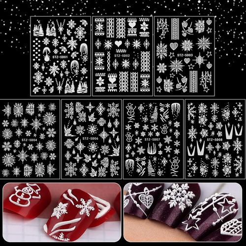 7 Hojas 5d Copos De Nieve Pegatinas De Arte De Uñas En Relie