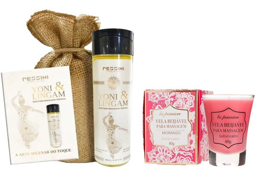  Kit Óleo De Massagem Tântrica Yoni Lingam E Vela Morango