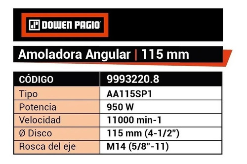 Imagen 7 de 10 de Amoladora Angular Dowen Pagio 115mm 950watts 9993220.8