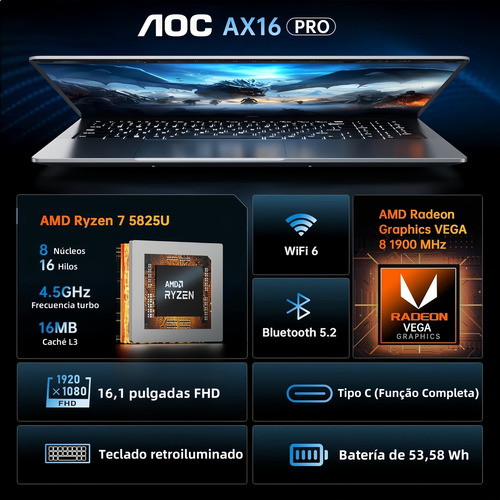 Notebook Aoc Games Amd Ryzen 7 5700u 16gb Ram 512gb 16.1''