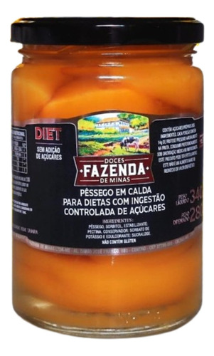 Doce de pêssego em calda diet sem açúcar para dietas com ingestão controlada de açúcares laranja Diet sem TACC em pote de vidro 340 g