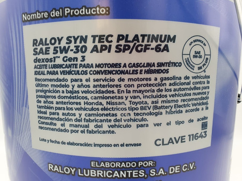 Aceite Raloy Sintetico Platino 5w30 Api Sp Dexos 1 G3 Cubeta