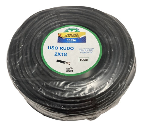 Cable Uso Rudo 2x18 Negro Rollo 100m 100% Cobre