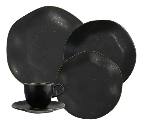 Conjunto de 4 peças de louça preta com detalhes em dourado