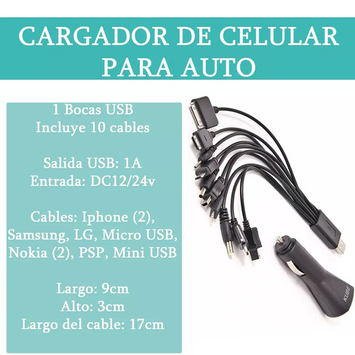 Cargador Adaptador 10 En 1 Cable Auto Celular Tablet 12v 24v