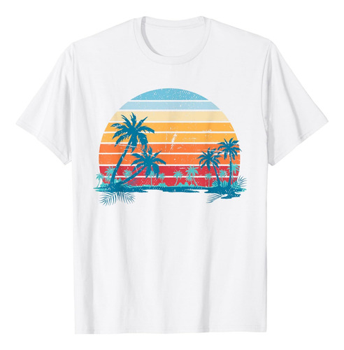 Remera De Verano Retro Tropical Atardecer Playa Palmeras Ver