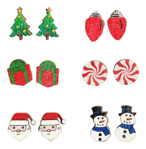 6 Pares Tema Navideño Aretes De Madera Muñeco De Nieve A De