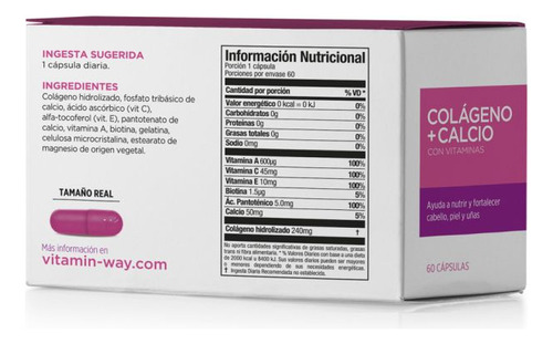 Colageno + Calcio Cabello Piel Uñas 60 Cápsulas Vitamin Way Sabor Sin sabor