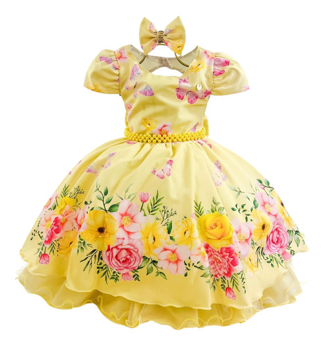 Vestido Infantil Estampado Florido Rodado Luxo Com Laço